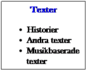 Textruta: Texter
Historier
Andra texter
Musikbaserade
texter
