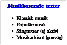 Textruta: Musikbaserade texter
Klassisk musik
Populrmusik
Sngtexter (ej aktiv)
Musikarkivet (genvg)
